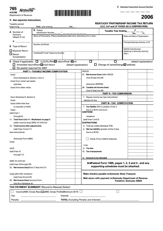Form 765 - Kentucky Partnership Income Tax Return (Llc, Llp And Lp Taxed As A Corporation) - 2006 Printable pdf