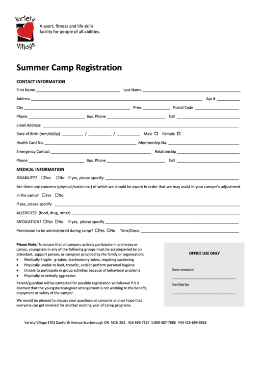 Fillable Summer Camp Registration Form Printable pdf