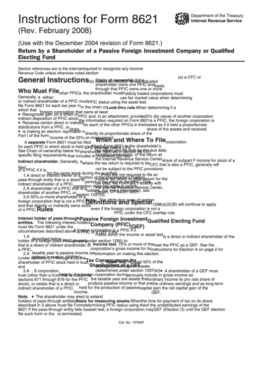 Instructions For Form 8621 (2008) - Internal Revenue Service Printable pdf