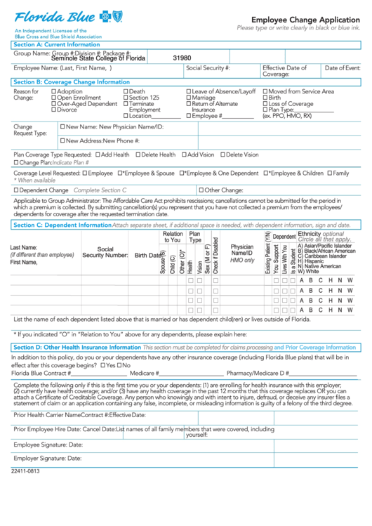 Fillable Employee Change Application Form Printable pdf