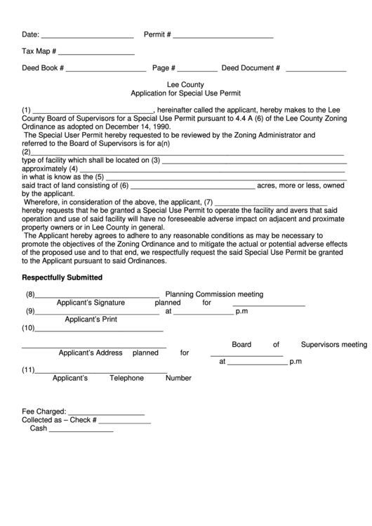 Fillable Application For Special Use Permit Form - Lee County Printable pdf