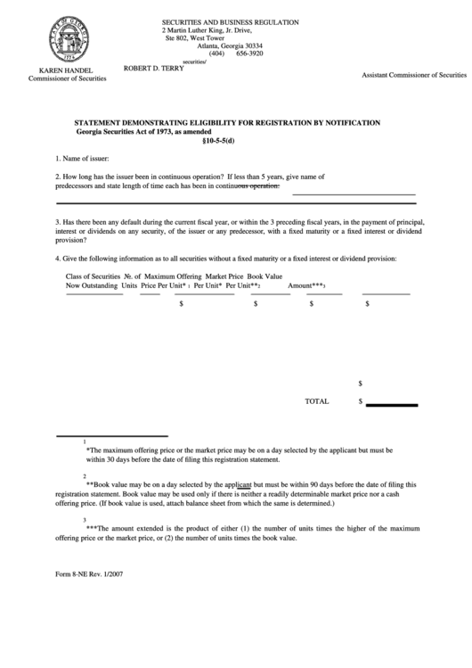 Form 8-Ne - Statement Demonstrating Eligibility For Registration By Notification Printable pdf