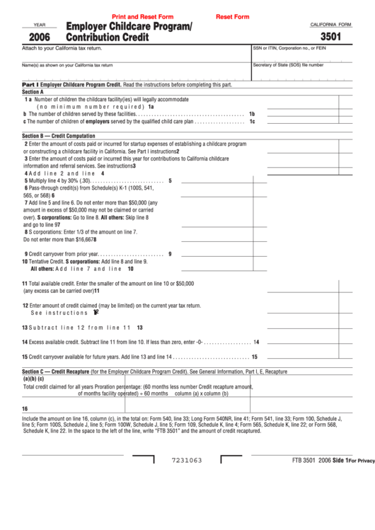 Fillable Form 3501 - Employer Childcare Program/contribution Credit - 2006 Printable pdf