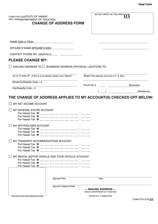 Fillable Form Itps-Coa - Change Of Address Form Hawaii - Department Of Taxation Printable pdf
