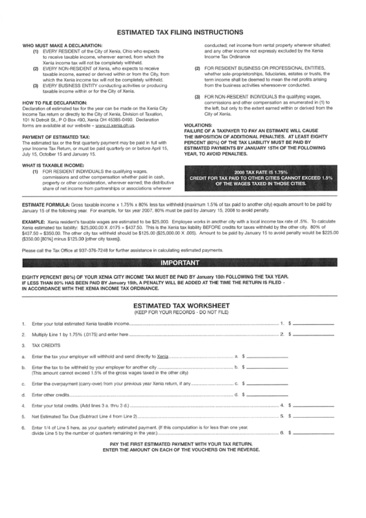 Estimated Tax Worksheet & Instructions printable pdf download