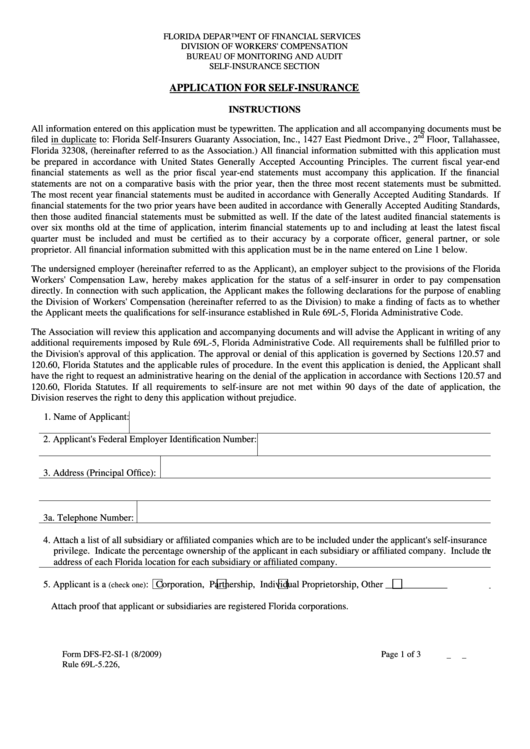 Form Dfs-F2-Si-1 (8/2009) - Application For Self-Insurance Printable pdf