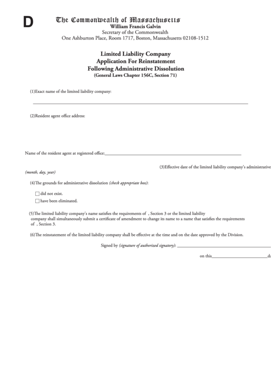 Fillable Form D - Application For Reinstatement Following Administrative Dissolution Printable pdf