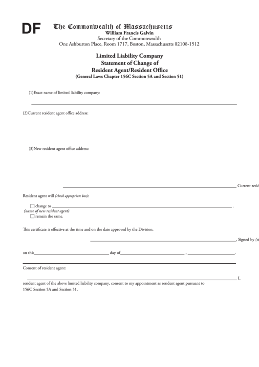 Fillable Form Df - Statement Of Change Of Resident Agent/resident Office Printable pdf