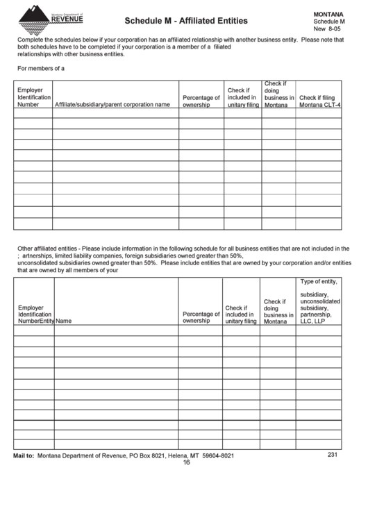 Schedule M - Affiliated Entities Form - Montana Department Of Revenue Printable pdf