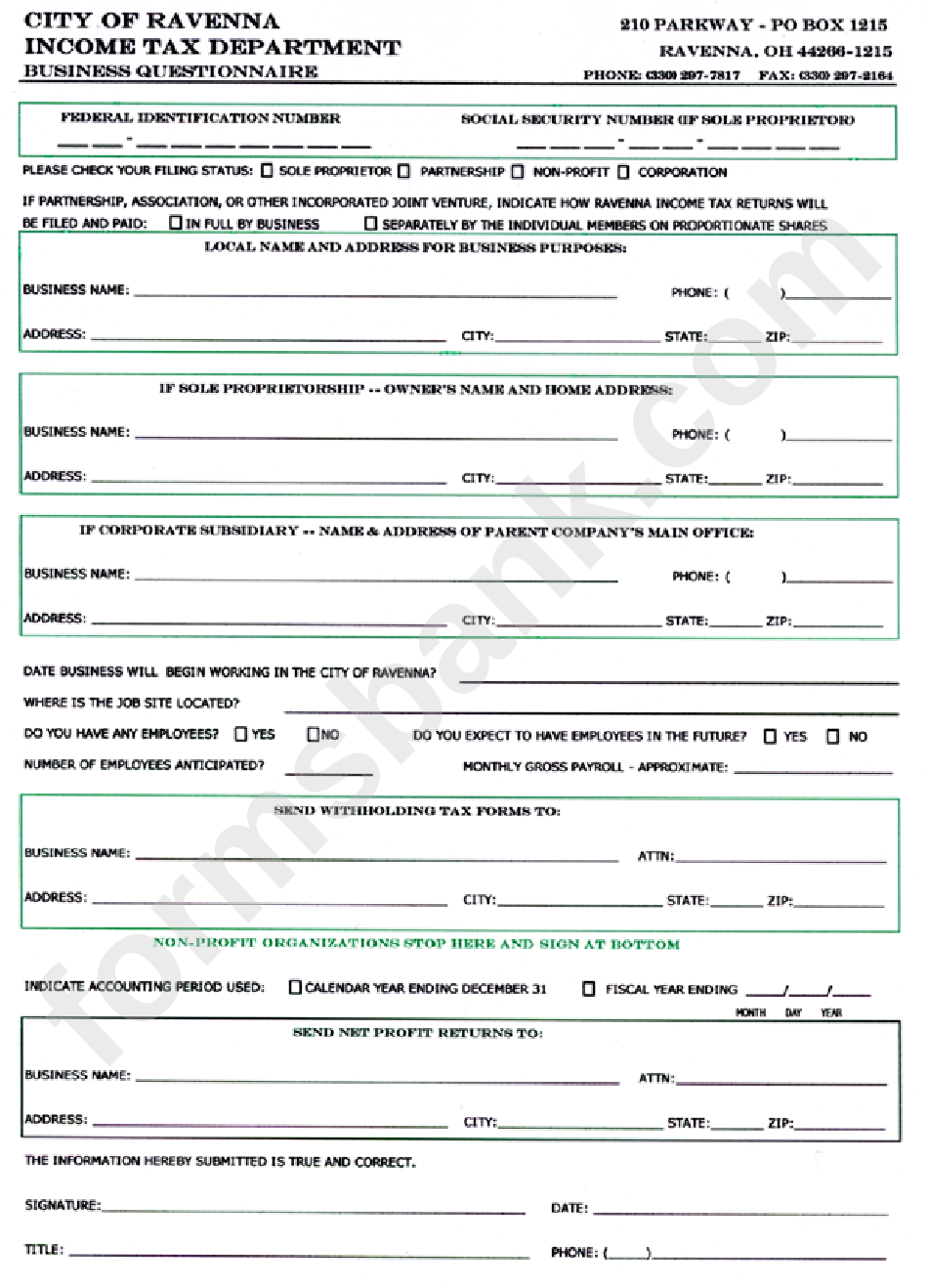 Business Questionnaire Form - City Of Ravenna Income Tax Department