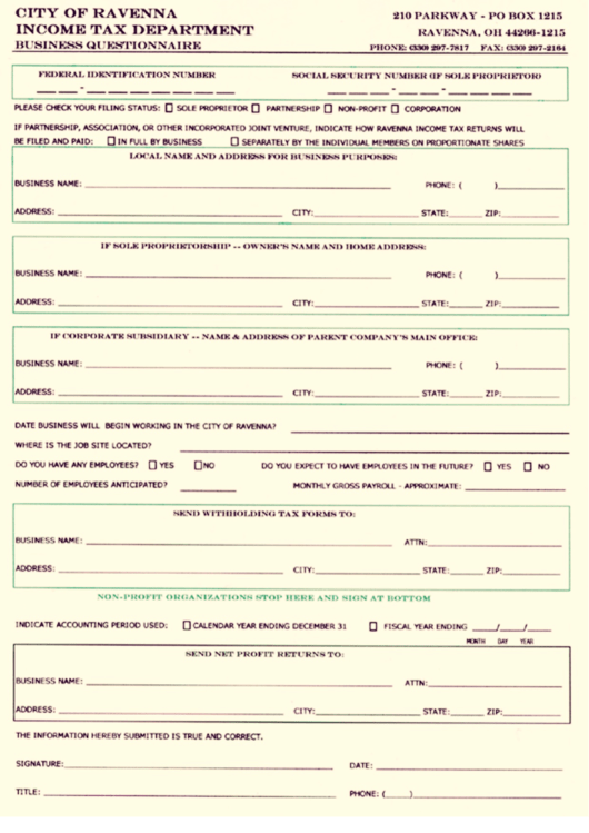 Business Questionnaire Form - City Of Ravenna Income Tax Department Printable pdf