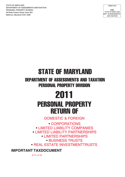 Instructions For Maryland Personal Property Return - 2011 Printable pdf