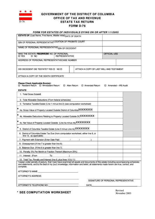 Form D-76 - Estate Tax Return Printable pdf