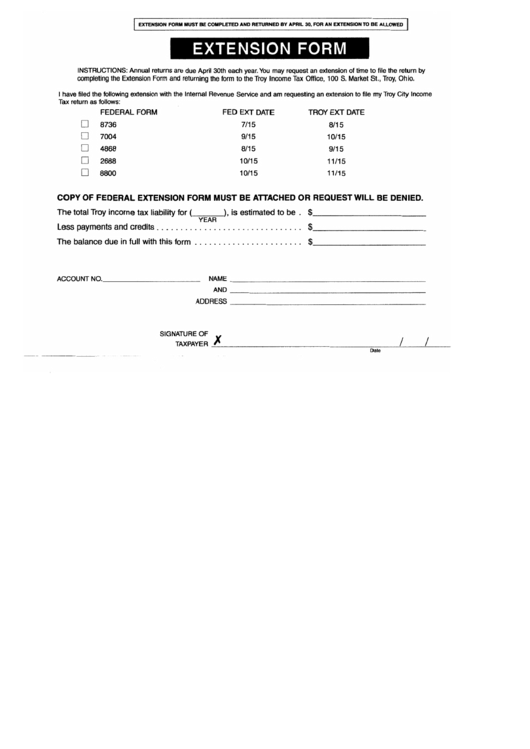 Fillable Extension Form Troy Income Tax Printable Pdf Download