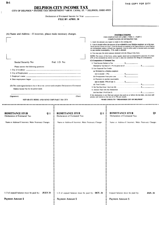 Form D-1 - Delphos City Income Tax Printable pdf