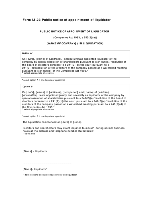 Form Li.23 - Public Notice Of Appointment Of Liquidator Printable pdf