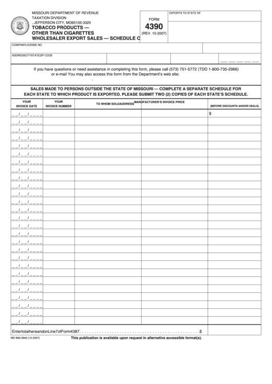 Fillable Form 4390, Schedule C 4390 - Tobacco Products - Other Than Cigarettes Wholesaler Export Sales 2007 Printable pdf