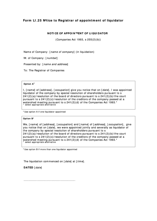 Form Li.25 - Notice To Registrar Of Appointment Of Liquidator Printable pdf