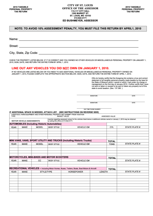 Tangible Personal Property Tax Return Form - City Of St. Louis - 2010 Printable pdf