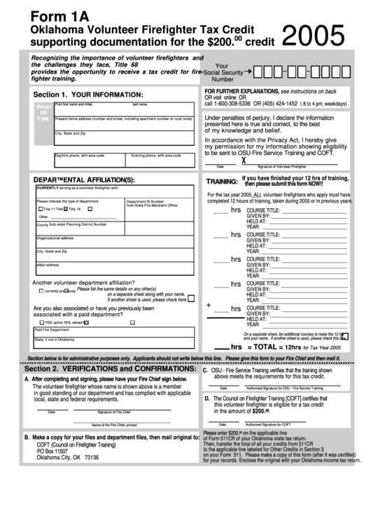 Form 1a - Oklahoma Volunteer Firefighter Tax Credit - 2005 Printable pdf