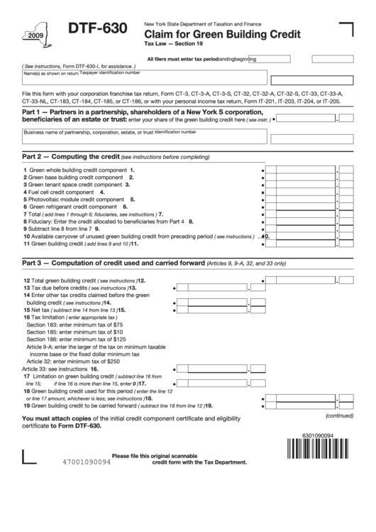 Fillable Form Dtf-630 - Claim For Green Building Credit 2009 Printable pdf