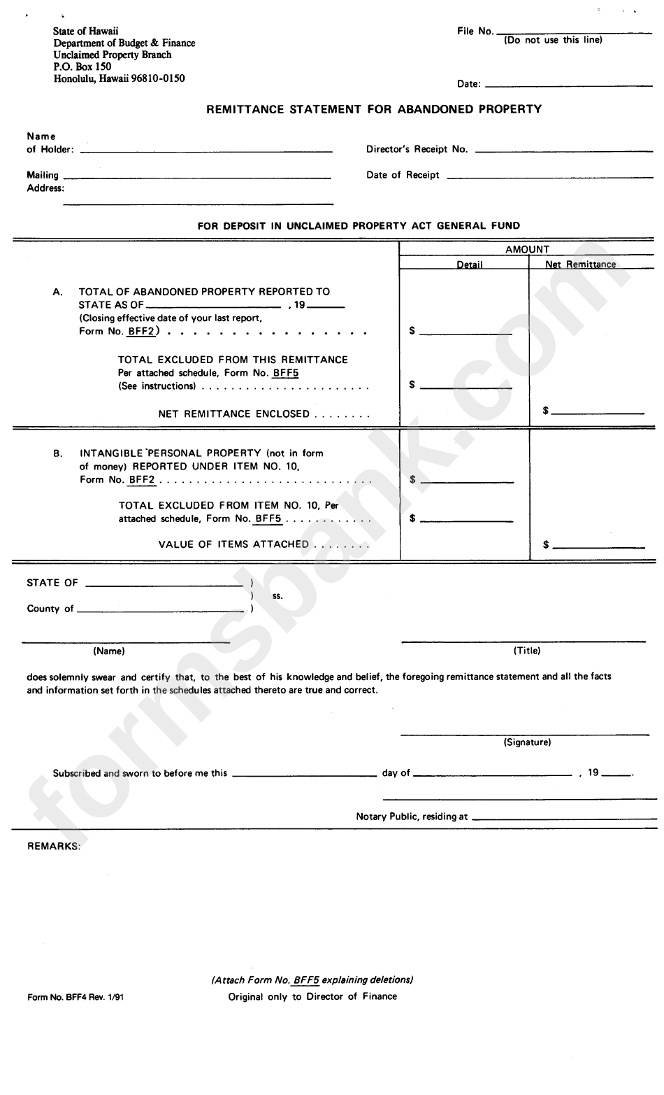 Form Bff4 - Remittance Statement For Abandoned Property