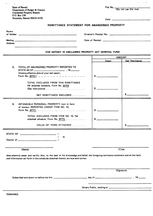 Form Bff4 - Remittance Statement For Abandoned Property Printable pdf