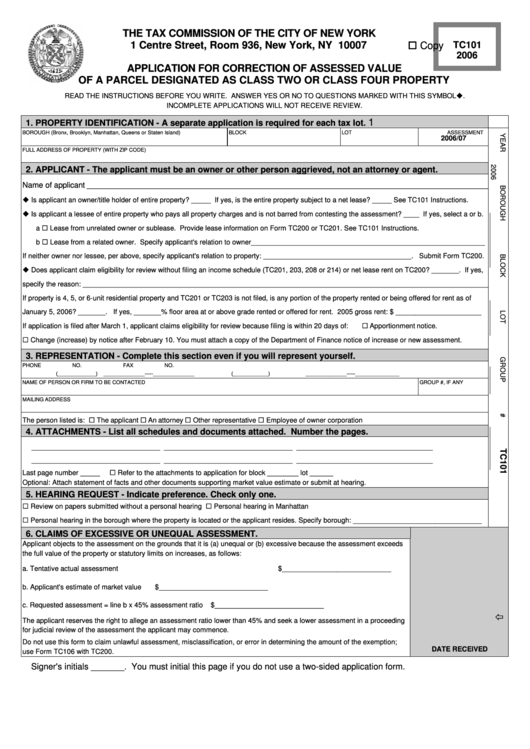 Form Tc101 - Application For Correction Of Assessed Value Of A Parcel - 2006 Printable pdf