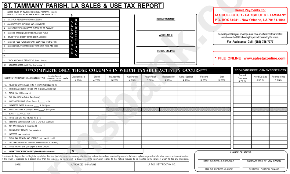 St. Tammany Parish La Sales & Use Tax Report Form
