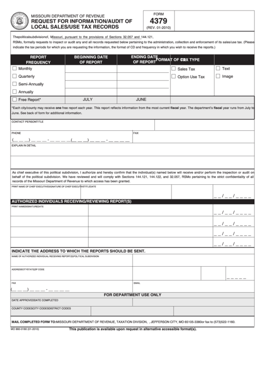Fillable Form 4379 - Request For Information/audit Of Local Sales/use Tax Records Printable pdf