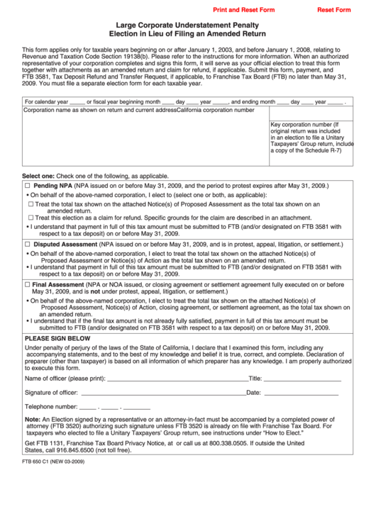 Fillable Form Ftb 650 - Large Corporate Understatement Penalty 2009 ...