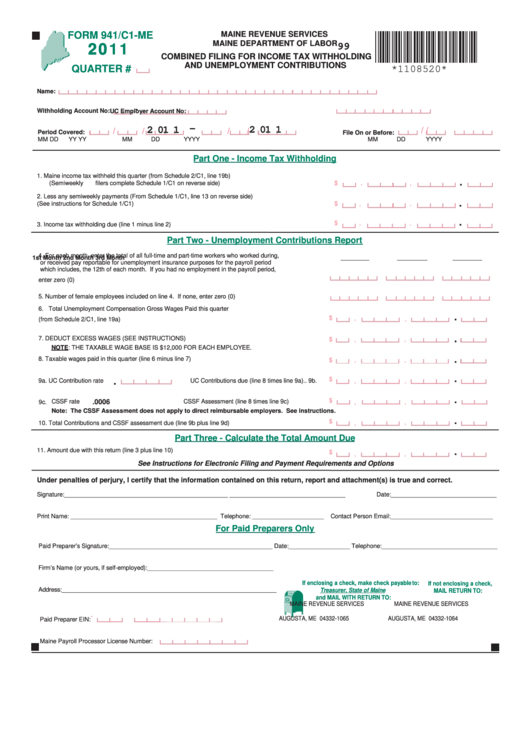 Form 941/c1-Me - Combined Filing For Income Tax Withholding And Unemployment Contributions - 2011 Printable pdf
