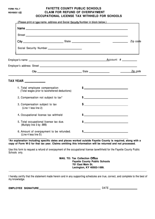 Form Fol-7 - Fayette County Public Schools Claim For Refund Of Overpayment Occupational License Tax Withheld For Schools - 2000 Printable pdf