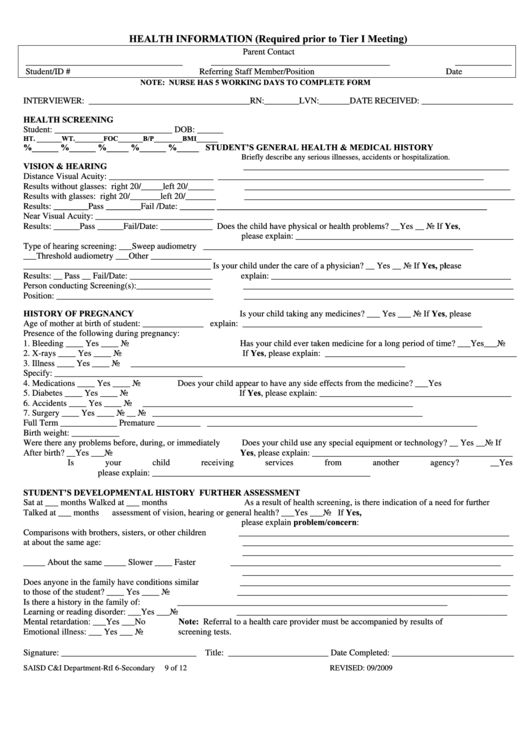 Health Information Form Printable pdf