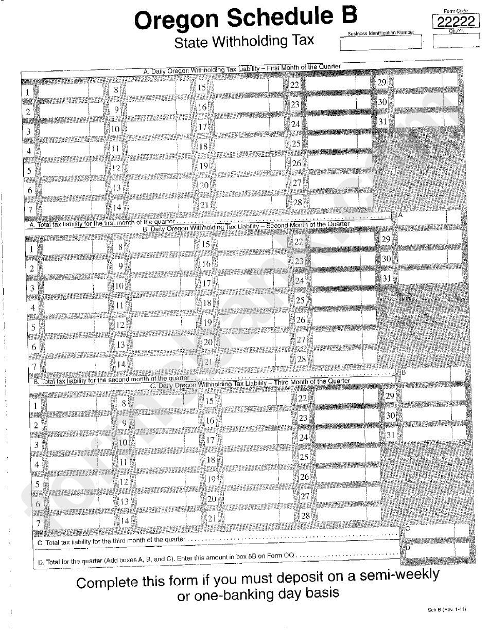 Oregon Schedule B - State Withholding Tax Form 2011