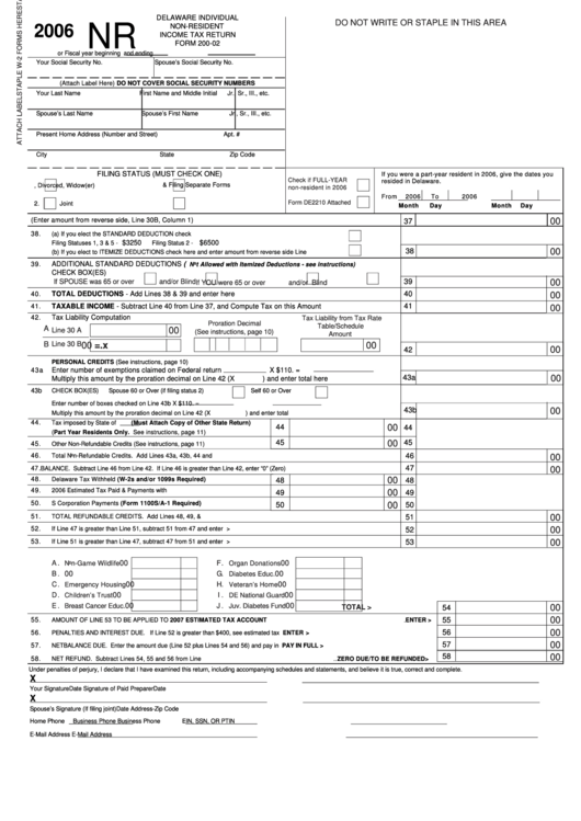 Fillable Form 200-02 - Delaware Individual Non-Resident Income Tax Return - 2006 Printable pdf
