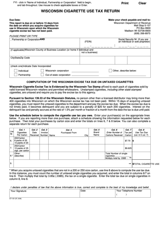 Fillable Form Ct-121 - Wisconsin Cigarette Use Tax Return Printable pdf