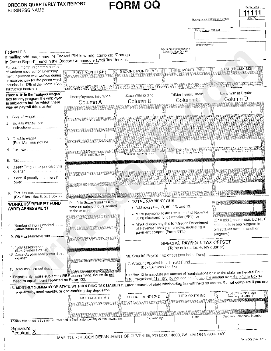Form Qq - Oregon Quarterly Tax Report 2011