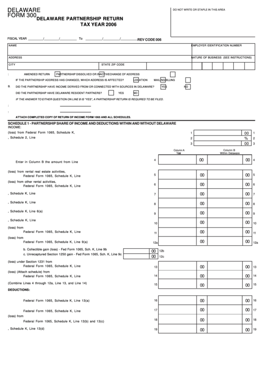 Fillable Delaware Form 300 - Delaware Partnership Return - 2006 Printable pdf