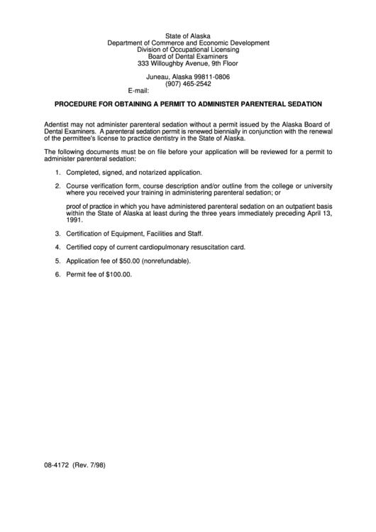 Form 08-4172 - Procedure For Obtaining A Permit To Administer Parenteral Sedation - Alaska Department Of Commerce And Economic Development Printable pdf