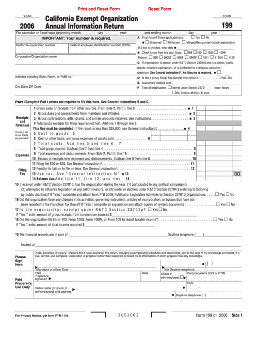 Fillable Form 199 - California Exempt Organization Annual Information Return - 2006 Printable pdf