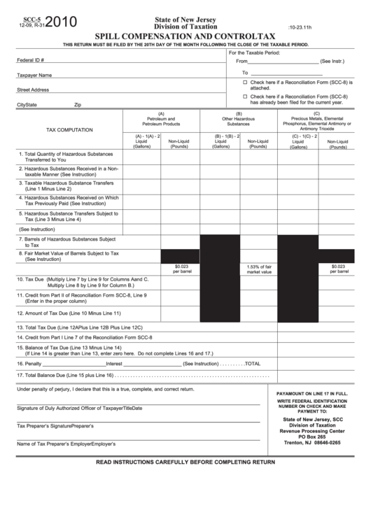 Fillable Form Scc-5 - Spill Compensation And Control Tax - 2010 Printable pdf