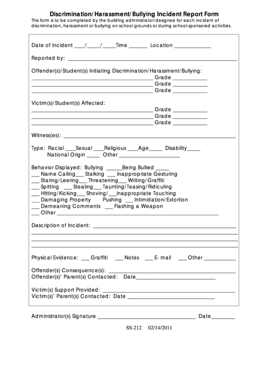 Fillable Form Ss-212 - Discrimination/harassment/bullying Incident Report Form Printable pdf