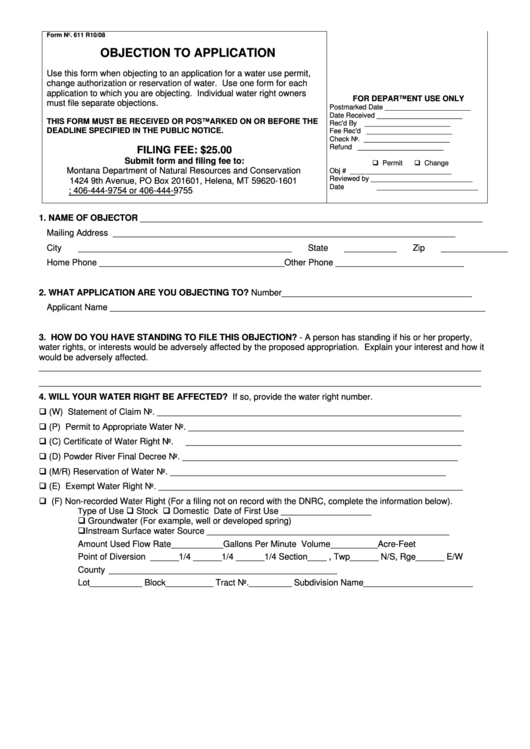 Fillable Form 611 - Objection To Application 2008 Printable pdf