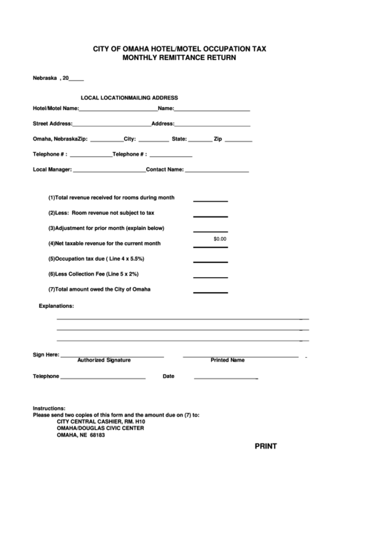 Fillable Hotel/motel Occupation Tax Monthly Remittance Return - City Of Omaha Printable pdf