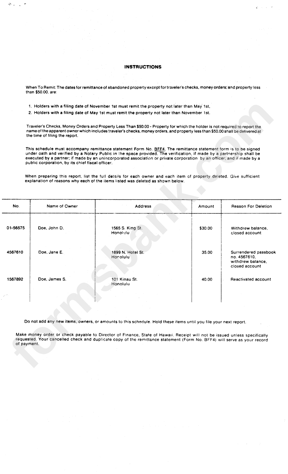 Schedule Of Items Removed From Our Report Of Unclaimed Property