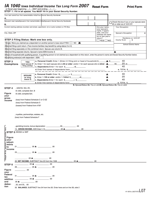 Fillable Form Ia 1040 - Iowa Individual Income Tax Long Form - 2007 Printable pdf