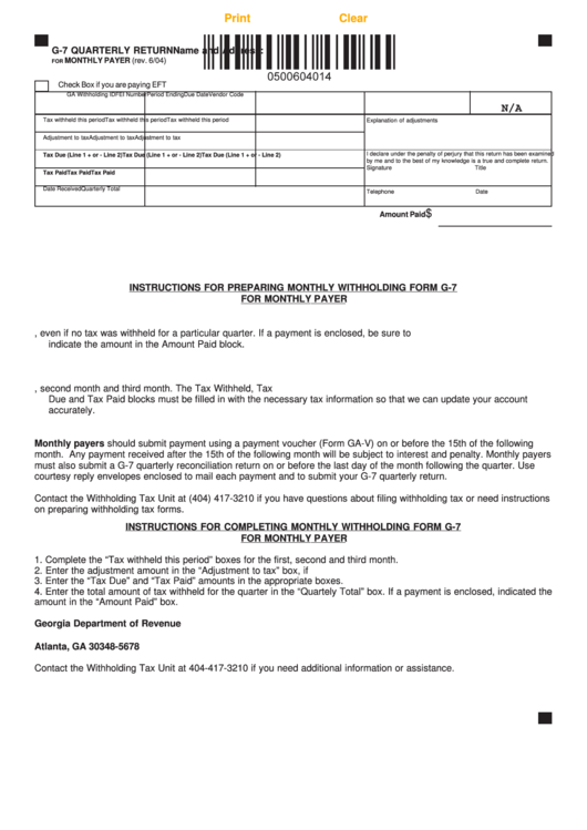 Fillable Form G-7 - Quarterly Return - For Monthly Payer - 2004 Printable pdf