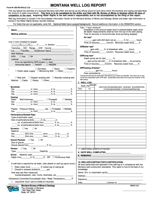 Form 603 - Montana Well Log Report/well Log Supplement Printable pdf