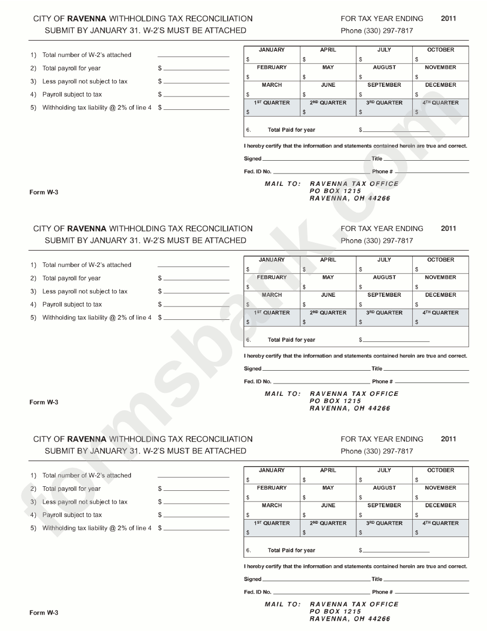 Form W-3 - City Of Ravenna Withholding Tax Reconciliation 2011